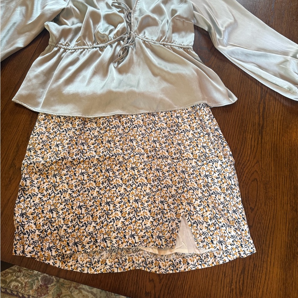 Satin sage Blouse and floral Skirt by Abercrombie &Fitch blouse L & skirt M BOTH